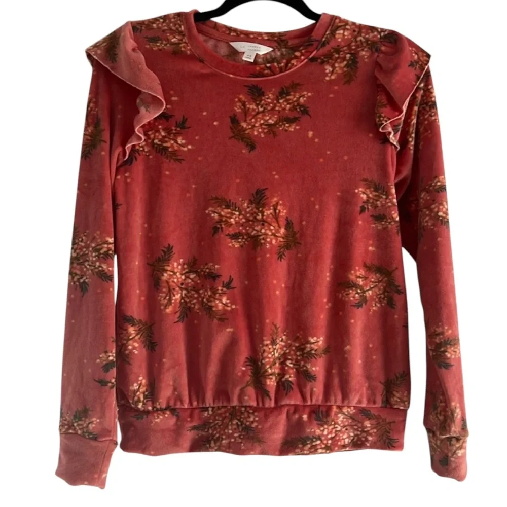 LC Lauren Conrad Fleece Sweater XS Ruffle Floral Puff Sleeves EUC Y2K Retro